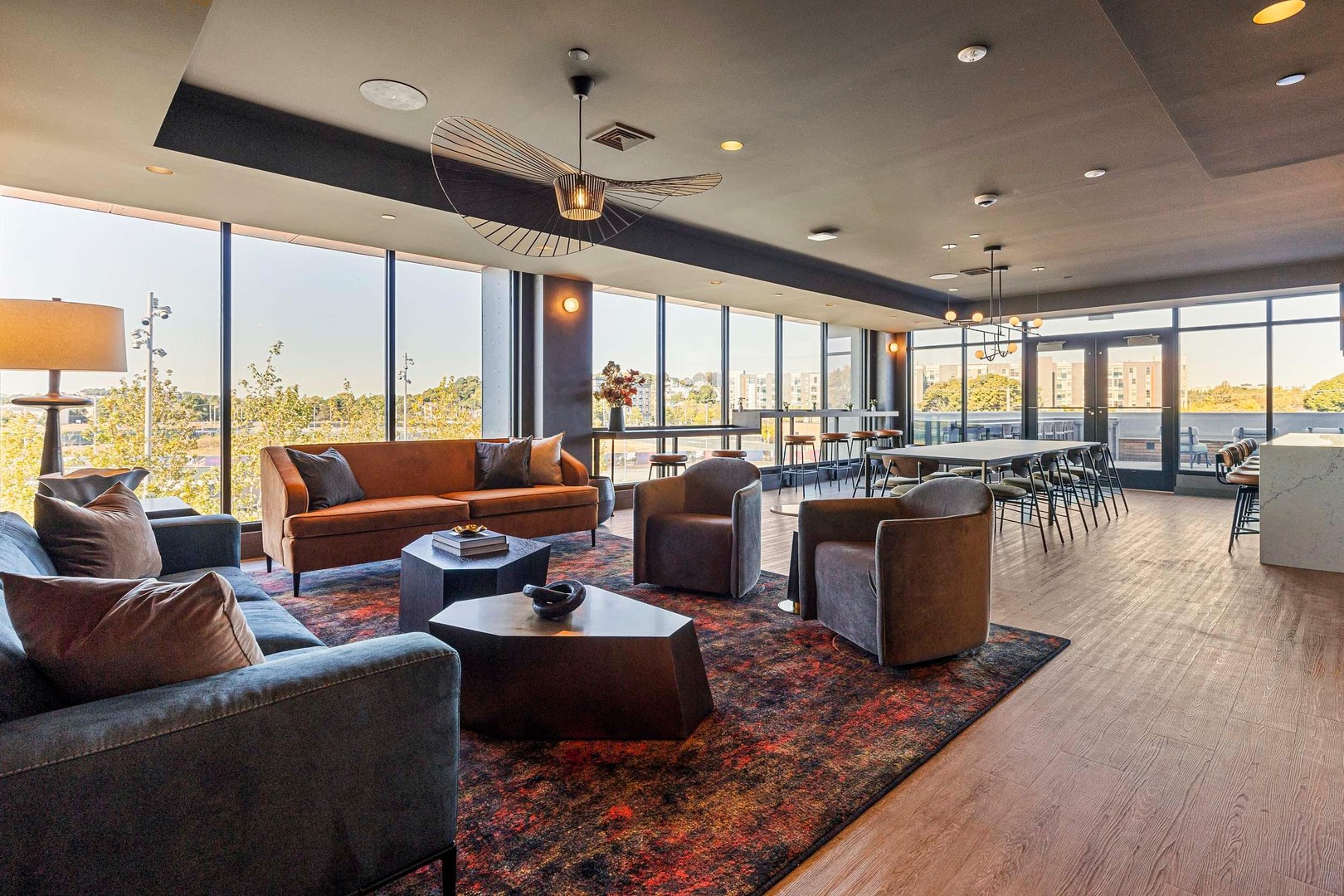 Window counter seating in the rooftop lounge.